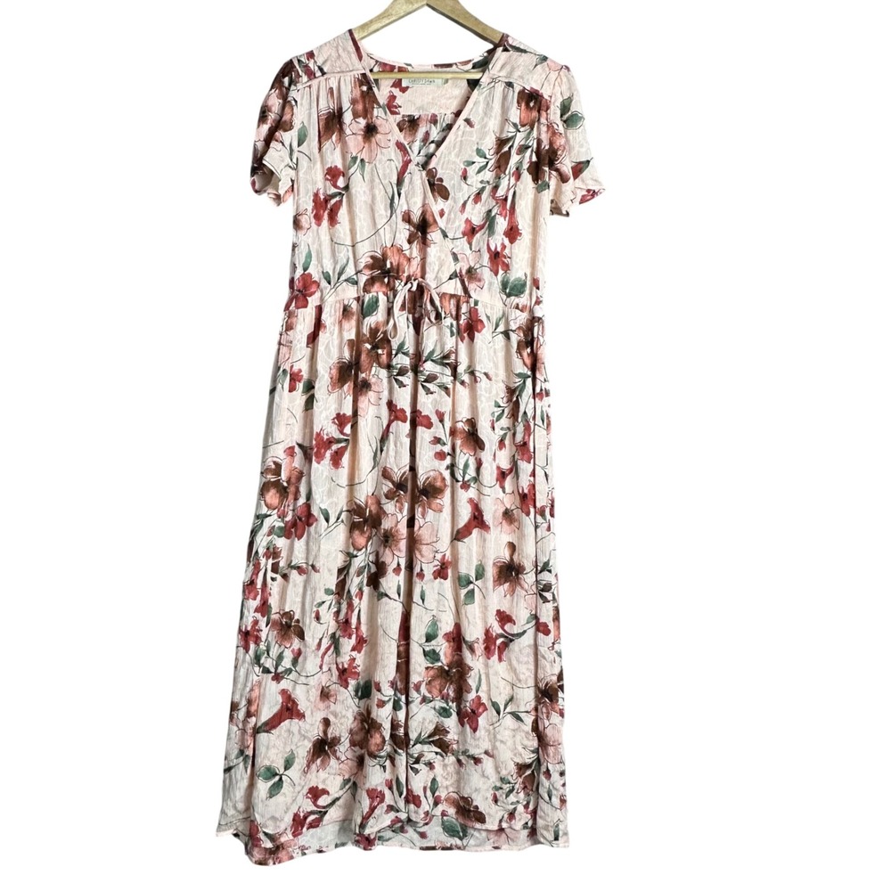 Christy Dawn Floral Midi Dress Deadstock Upcycled Fabric Pink Brown V-Neck Small